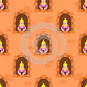 Princesses in windowÃÂ pattern seamless. Castle windows background cartoon vector texture photo